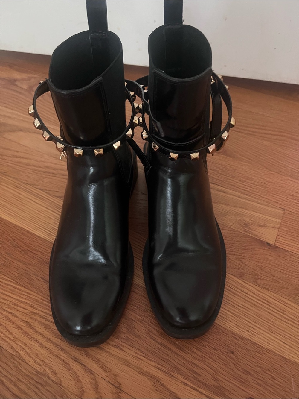 Zara Black Ankle Boots with Gold Pyramid Stud Strap